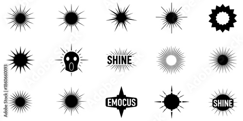 Collection of black and white starburst graphics with various designs and text overlays on a plain white background