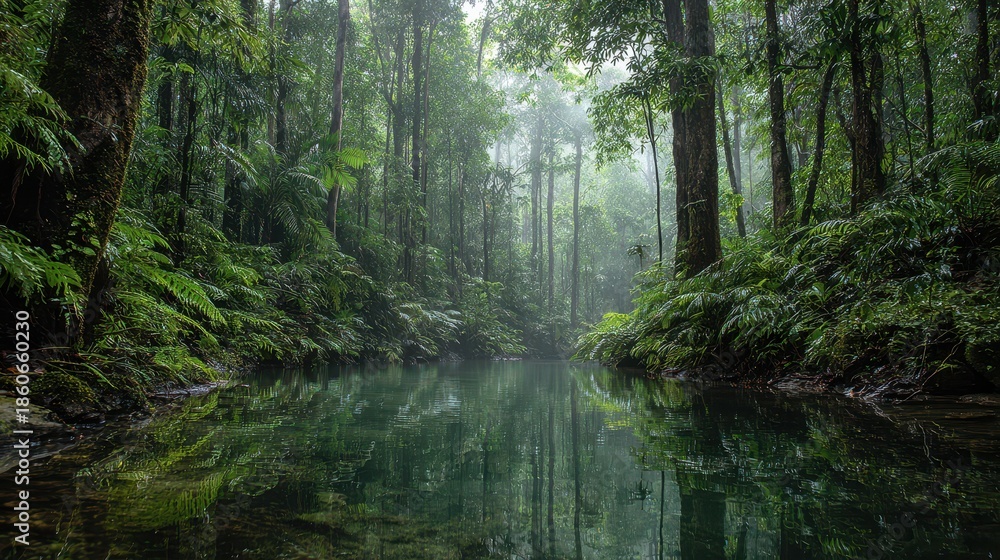 Obraz premium Mist-filled tropical jungle at dawn with a serene pool reflecting the canopy