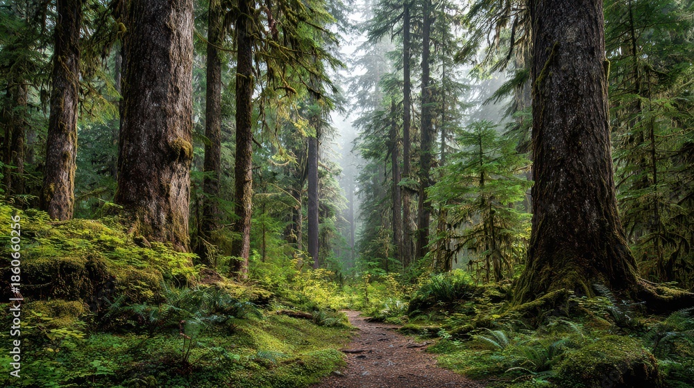 Fototapeta premium Mist and Green Canopy Over a Serene Old-Growth Trail in a Temperate Rainforest
