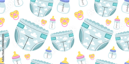 Baby care pattern with diapers, feeding bottles and pacifiers. Infant essentials: blue nappy with clouds, milk bottles and yellow soothers. Minimalist nursery background and icons for baby shop.