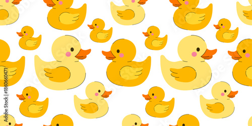 Yellow rubber duck pattern for baby bath time. Сute water toys and pink cheeks. Minimalist nursery print for kids fabric, bathroom wallpaper and infant hygiene packaging, nursery wallpapers.