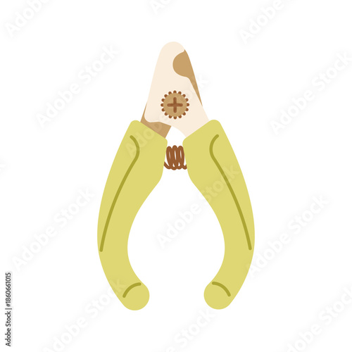 Green nail clippers for pets. Grooming claw, safely trimming dogs or cats claws at home. Flat vector illustration