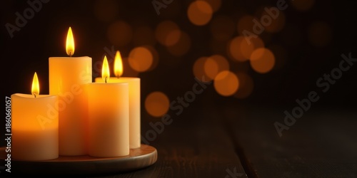 Three lit white candles on a wooden plate with a dark background and warm glowing bokeh lights around them creating a cozy ambiance