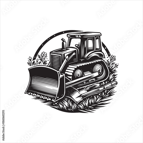 A detailed black and white illustration of a bulldozer with a logo-style design, featuring a vector graphic of the machine in a circular frame with grass and plants, against a clean white