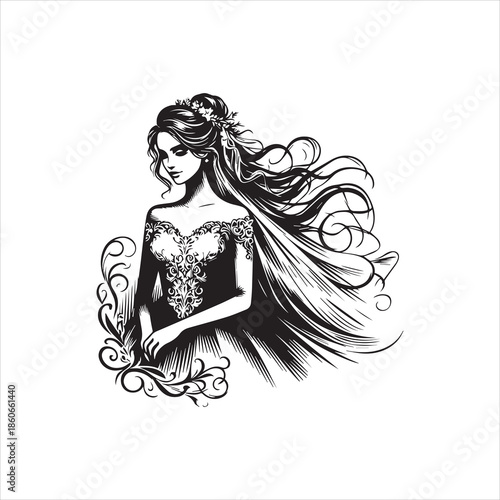 A black and white illustration of a woman in an elegant dress with flowing hair, surrounded by decorative swirls on a clean white background.