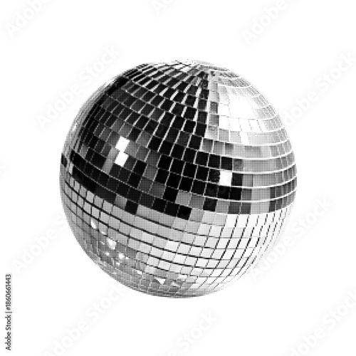Disco ball in halftone style. Black and white retro illustration of mirrored sphere reflecting light. Nightlife, party, music and dance club concept isolated on white background.