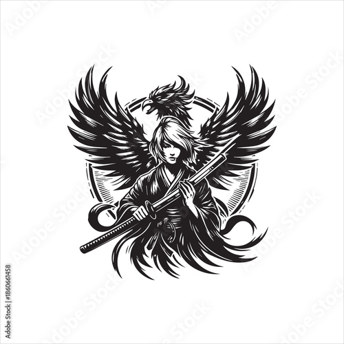 Black and white illustration of a woman with wings and a sword, logo design with bold lines on a clean white background.