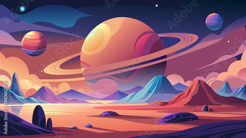 Very beautiful minimalist vector of a surreal planetary landscape with soft gradients and distant moons, calm sci fi atmosphere and modern illustration style.