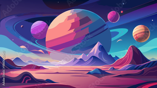 Very beautiful minimalist vector of a surreal planetary landscape with soft gradients and distant moons, calm sci fi atmosphere and modern illustration style.