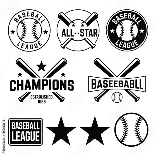 Baseball emblems and designs featuring bats balls and league branding