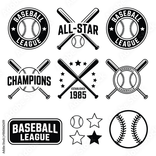 Baseball emblems and designs balls bats stars and league logos