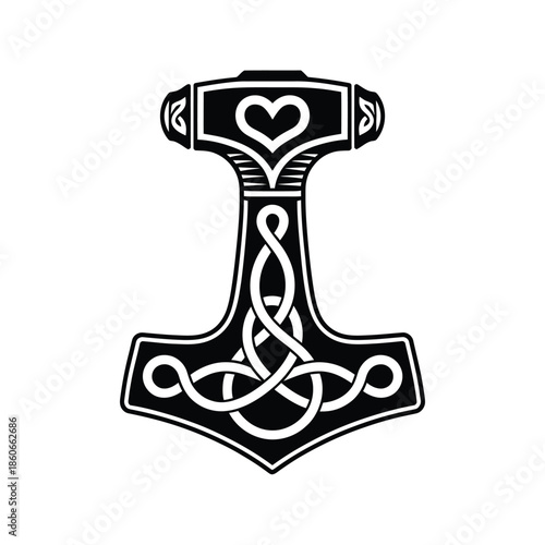 Black and white illustration of a traditional mjolnir viking hammer pendant