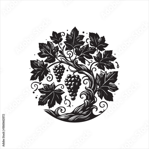 A black and white vector illustration of a grapevine with leaves and grapes in a circular composition against a clean white background.