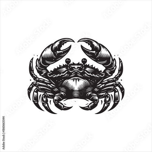 A detailed black and white illustration of a crab with a bold, graphic style on a clean white background, featuring a logo-like vector design.