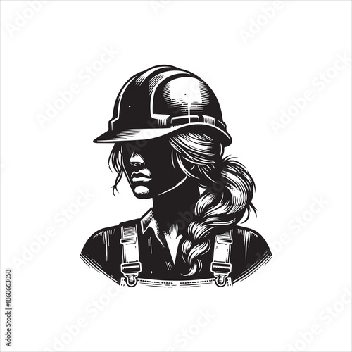 Black and white illustration of a woman wearing a hard hat and overalls against a clean white background.