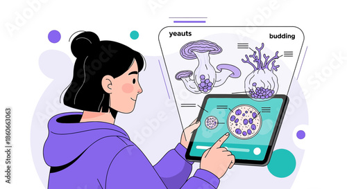 Female student using a tablet for studying yeasts and budding process with educational
