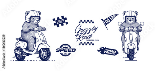 Retro Bear Scooter Rider Illustration Set