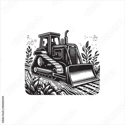 A black and white illustration of a bulldozer in a natural setting with plants and soil, created in a vector style with bold lines and shading.