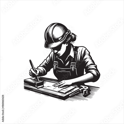 Black and white illustration of a construction worker wearing a hard hat, sitting at a desk with a clipboard and pencil, against a clean white background.