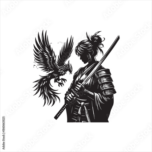 A black vector illustration of a samurai with a sword standing next to an eagle in flight on a white background.