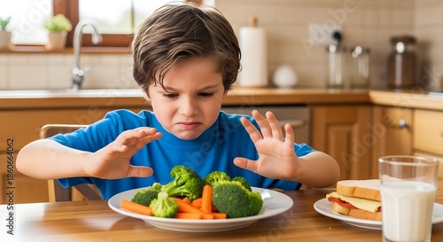 Young boy at kitchen table refusing to eat healthy broccoli and carrots with a disgusted expression for picky eating concept and childhood nutrition challenge