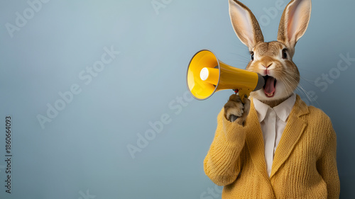 Stylish rabbit shouting into yellow megaphone on blue background concept art