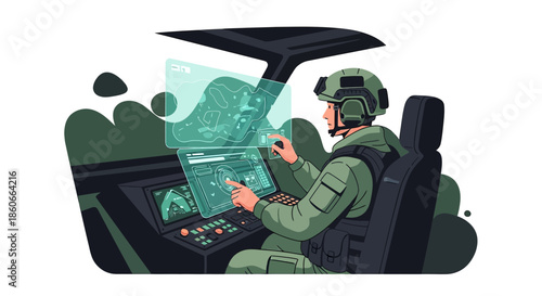 Futuristic cockpit military soldier pilot interfaces vector illustration depiction