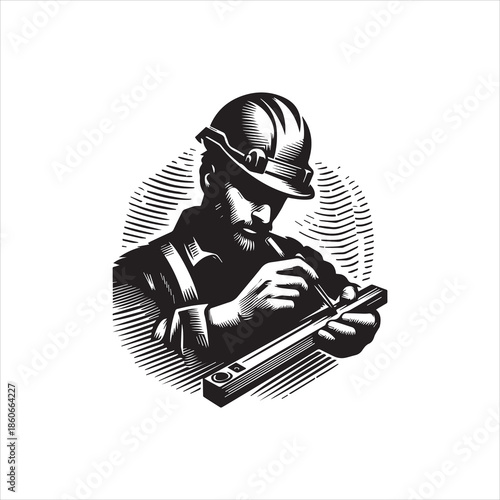 A construction worker wearing a hard hat examines a tool with precision in a vector illustration style against a clean background.