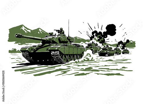 Tank convoy in battle.Military vector illustration.Armored troop movement.Retro war graphic design.Army patrol background
