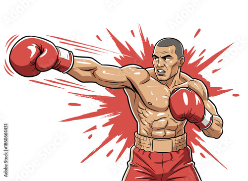Boxer Punching Action.Dynamic Fighter Illustration.Comic Style Boxing Mascot.Strong Athletic Man Punch.Red Glove Knockout Art