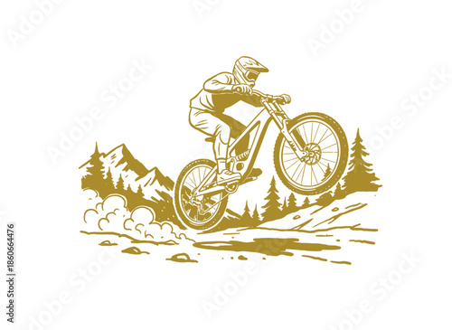 MTB Downhill Rider Jump.Extreme Mountain Bike Vector.Vintage Cycling Badge Design.Retro Off Road Bike Art.Sport Adventure Illustration