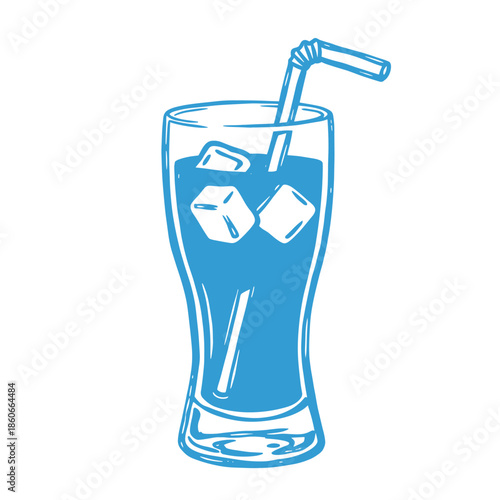 Iced Drink Hand Drawn Illustration.Soda Glass Icon Vector.Summer Beverage Sketch.Cocktail With Ice Cubes.Refreshing Cold Drink Graphic