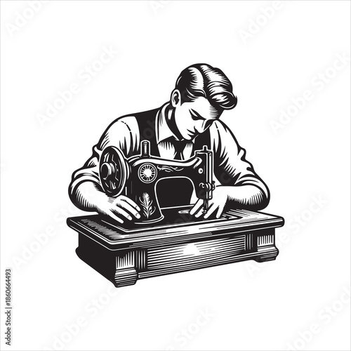 A man in a classic outfit focused on working with a vintage sewing machine on a wooden table against a clean white background in a detailed illustration.