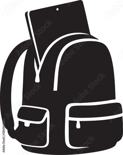 Open Travel Backpack with Laptop Inside Top Pocket Silhouettes isolated on white background
