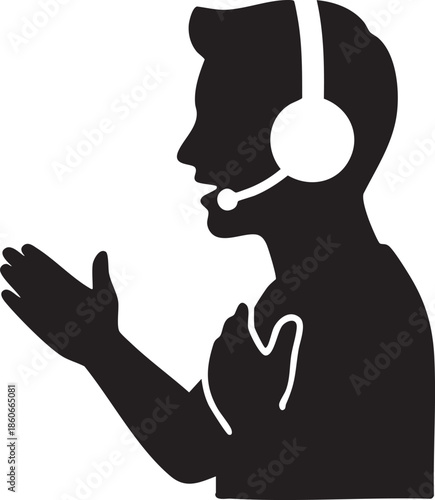Person Wearing Headset with Microphone Gesturing While Talking Silhouettes isolated on white background