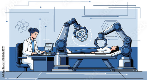 Futuristic medical procedure featuring robotic arms performing a treatment on a patient aided by a