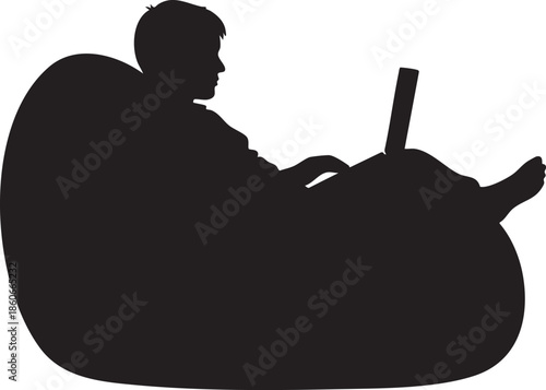 Relaxed Person Working on Laptop in Beanbag Chair Silhouettes isolated on white background