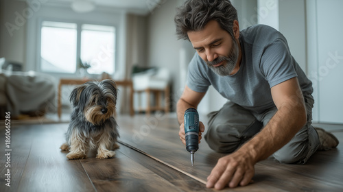 A man is installing flooring while his dog watches intently, combining DIY home improvement with a companion's company.
