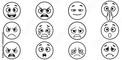 Set of Black and White Emoji Icons Expressing Various Emotions and Feelings