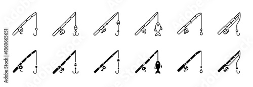 Fishing rod icon. Angling or fishing equipment symbol for outdoor, sport, and hobby concepts. Fishing rod with hook illustration used for fisherman, tackle, and nature related projects.