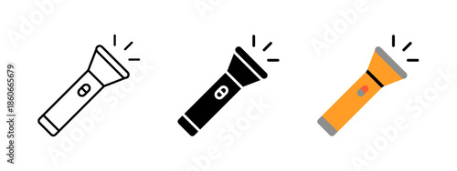 Flashlight icon. Portable handheld torch for light and illumination. Electric device with power switch for use in dark or emergency situations. Simple vector illustration isolated on white background.