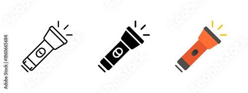 Flashlight icon. Compact handheld torch symbol with beam light. Portable lighting equipment illustration for search, rescue or technical use.