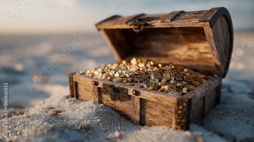 A treasure chest overflowing with shimmering gold coins, nestled on a sandy beach, capturing the allure of adventure and hidden riches.