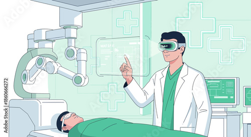 Futuristic medical procedure featuring virtual reality technology and robotic assistance for
