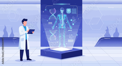 Futuristic medical research with holographic human body scan and analysis in a laboratory setting