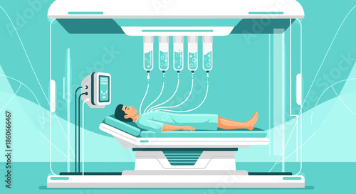 Futuristic medical treatment concept illustration of a patient inside a treatment pod