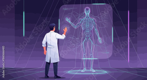 Futuristic medicine doctor interacting with digital human anatomy hologram interface