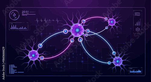 Futuristic neural network interface with interconnected nodes and data visualization elements