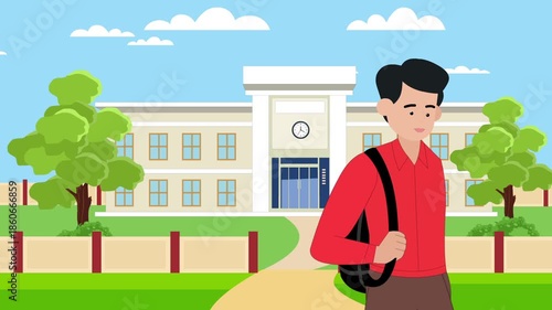 Student With Backpack In Front Of School Building On A Bright Day
