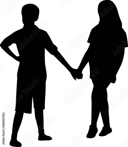 a boy and a girl hand in hand, silhouette vector